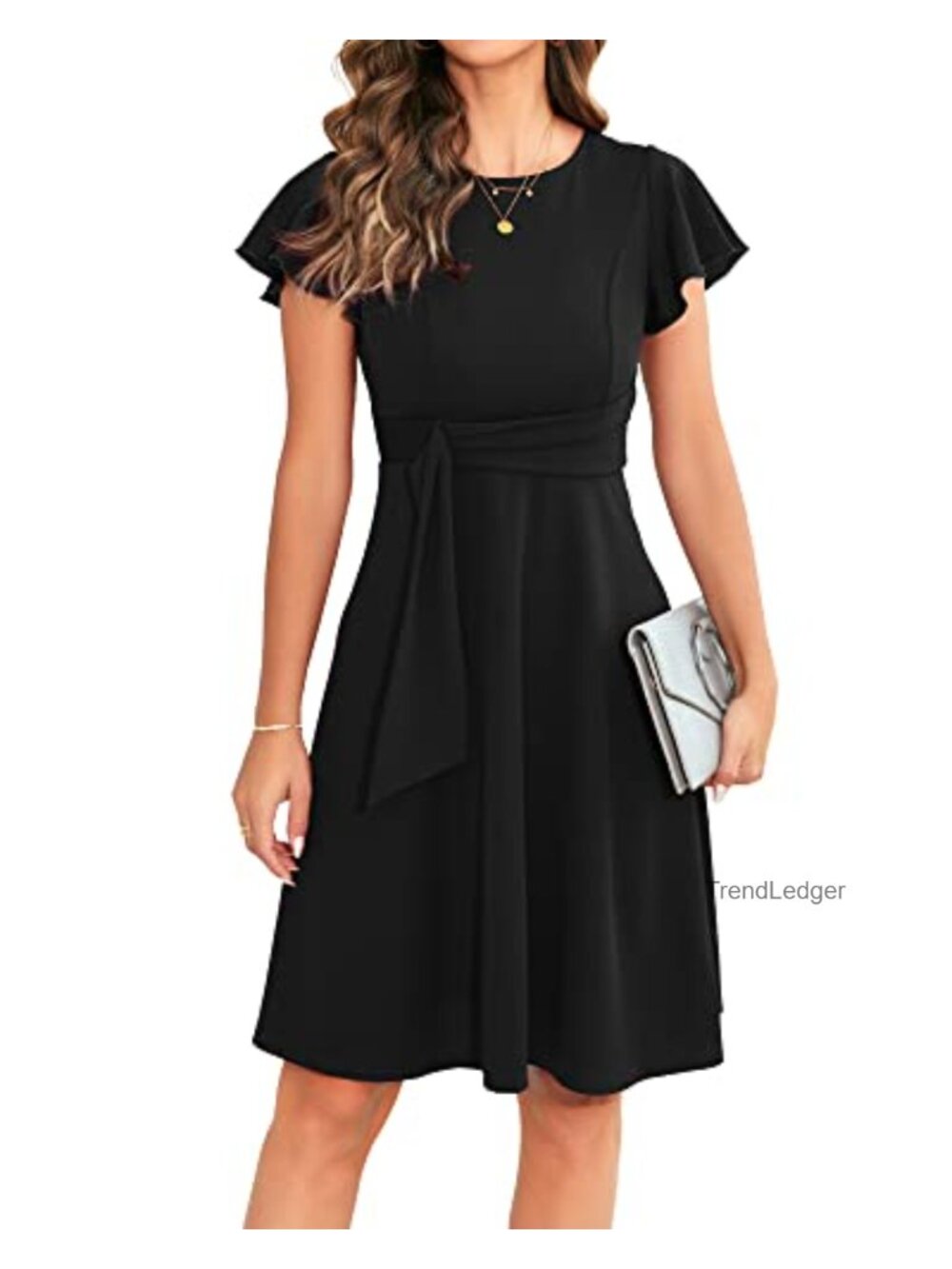 OWIN Women's Elegant Ruffle Sleeve Flared A-Line Swing Cocktail Party Dress